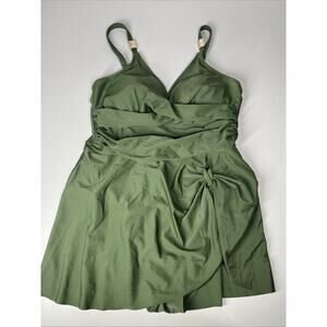 One Piece Criss Cross Tie Front Swimsuit with Skirt XL Green Gold Detail